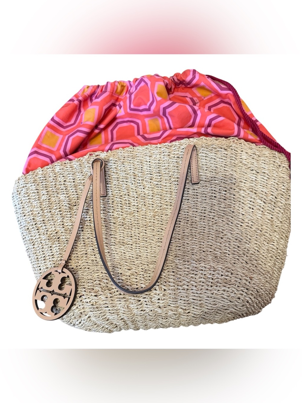 Tory Burch Natural Woven Raffia Straw Tote Drawstring Geometric Double T Logo - Picture 2 of 12